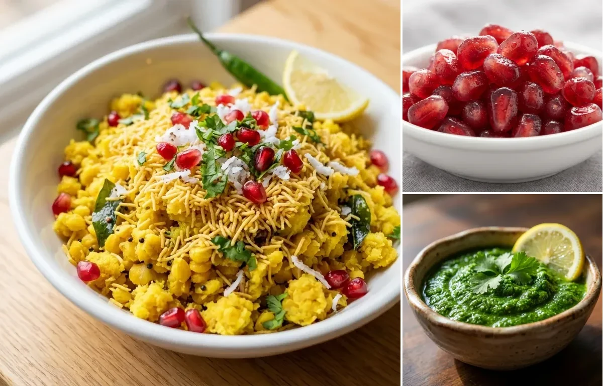 Sev Khamani with Pomegranate Seeds and Coriander Chutney