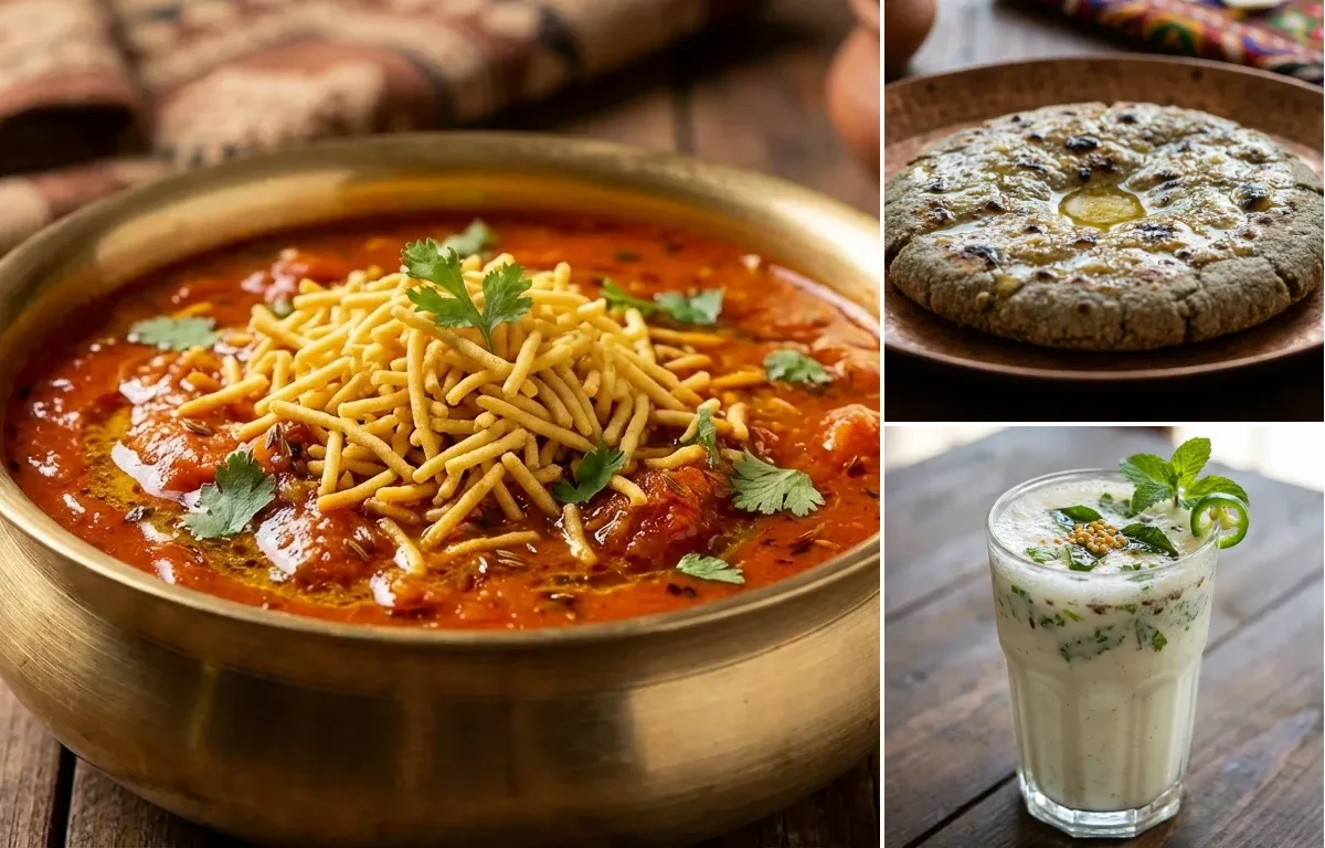 Sev Tamatar ki Sabzi with Bajra Roti and Masala Chaas