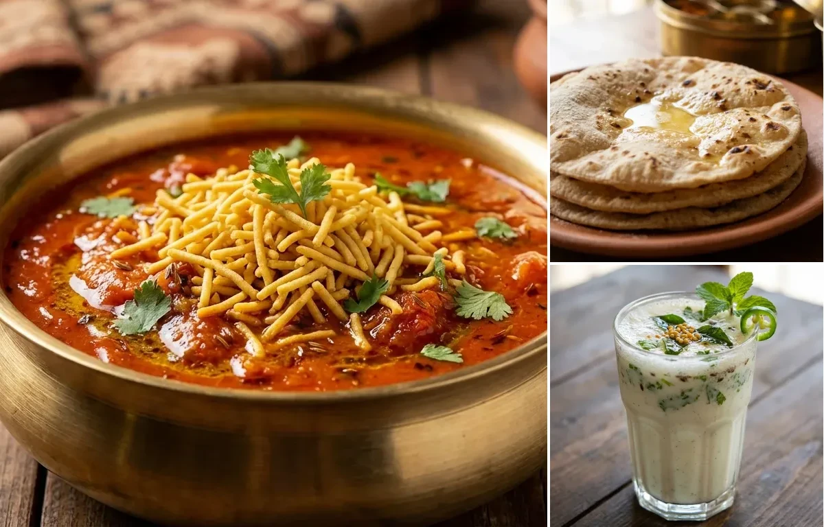 Sev Tamatar ki Sabzi with Roti and Masala Chaas