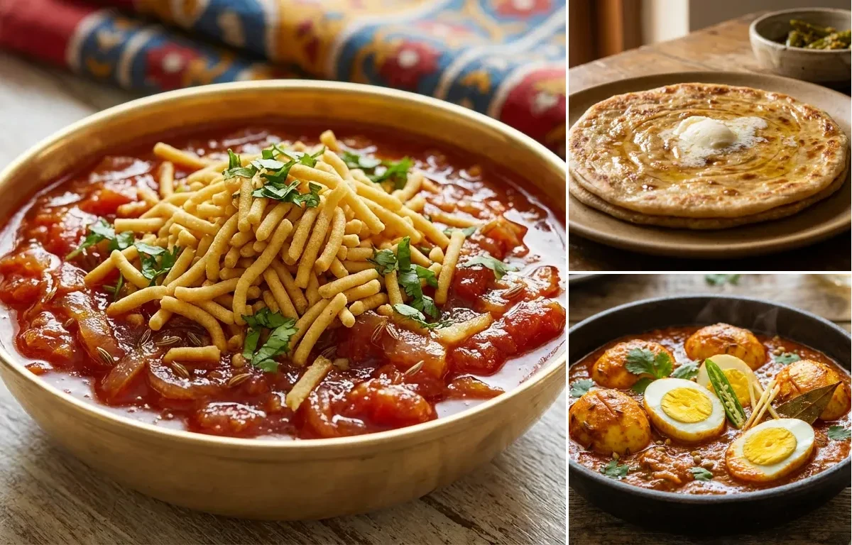 Sev Tamatar with Paratha and Egg Masala Curry