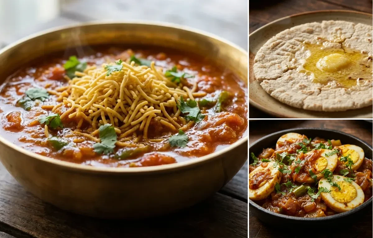 Sev Tameta nu Shaak with Jowar Bhakri and Masala Egg Fry