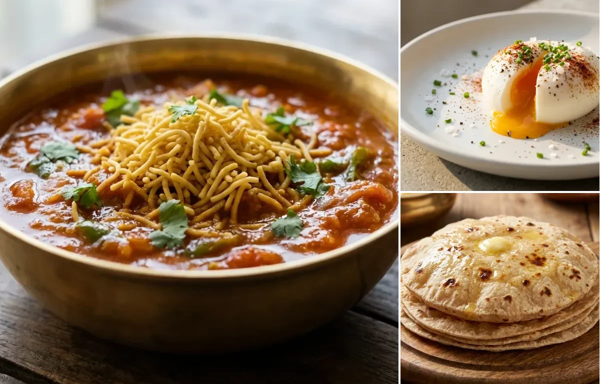 Sev Tameta nu Shaak with Poached Egg and Phulka Roti