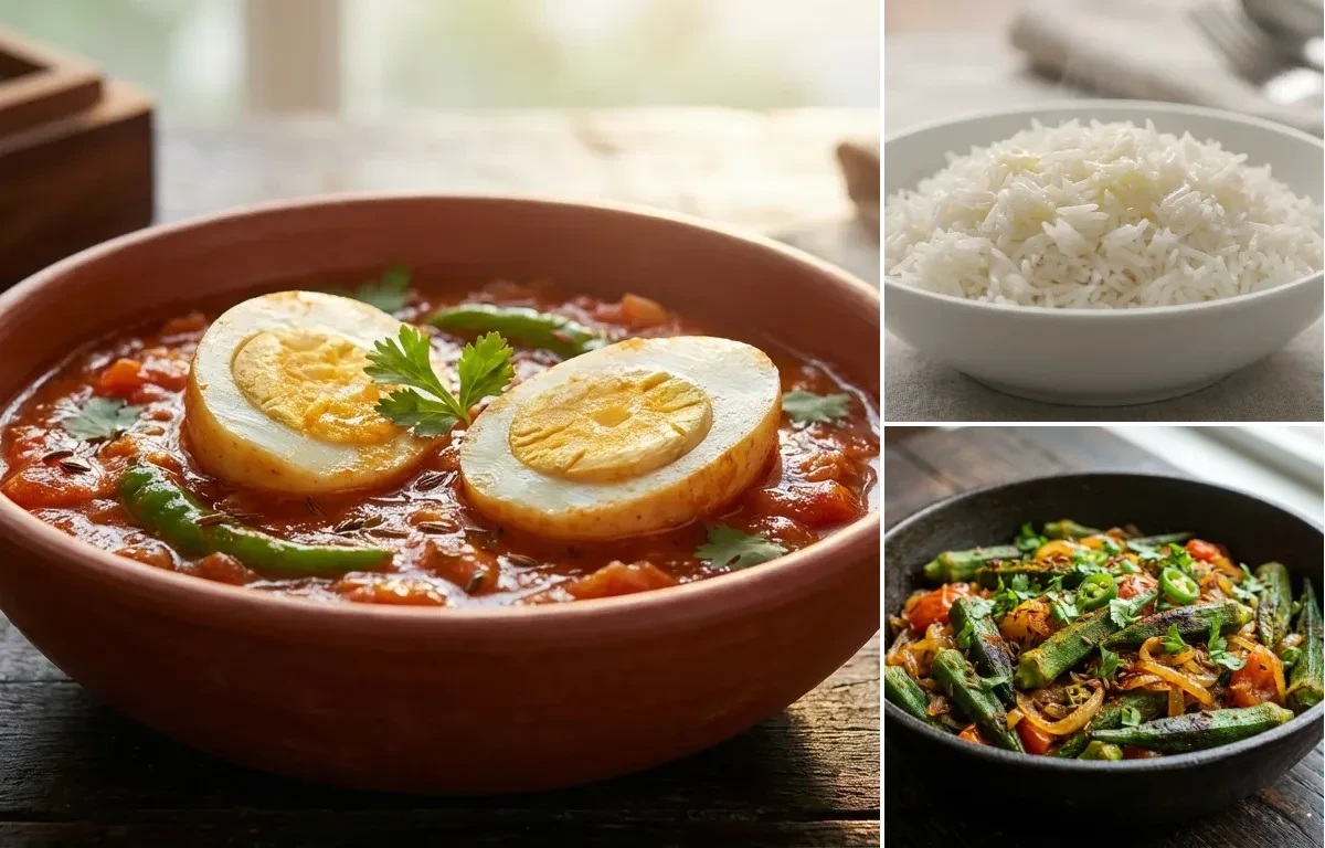 Seyal Anda with Steamed Basmati Rice and Sindhi Bhindi Basar