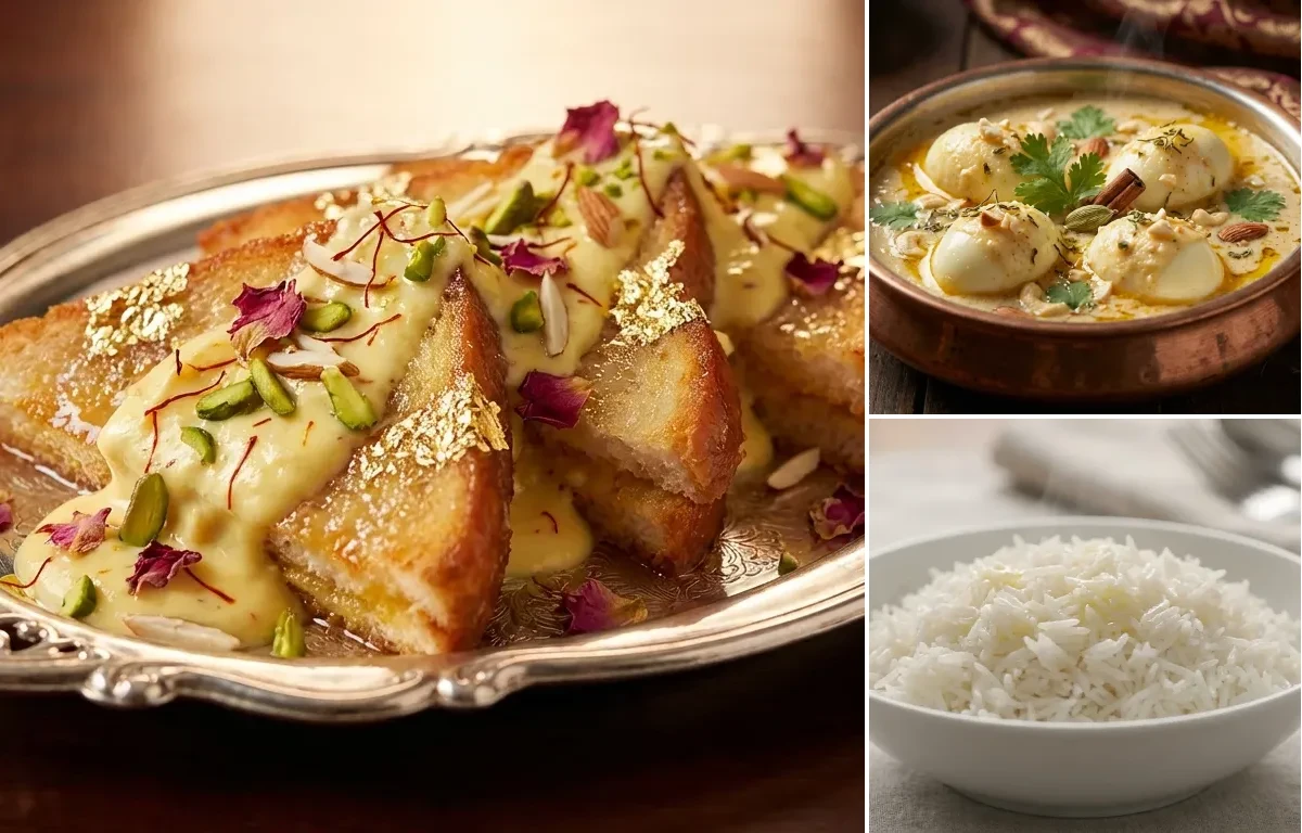 Shahi Tukda with Egg Korma and Steamed Basmati Rice