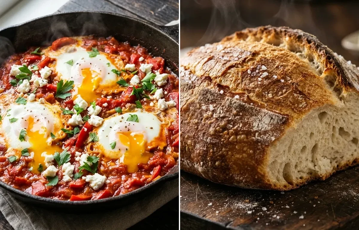 Shakshuka with No-Knead Crusty Bread