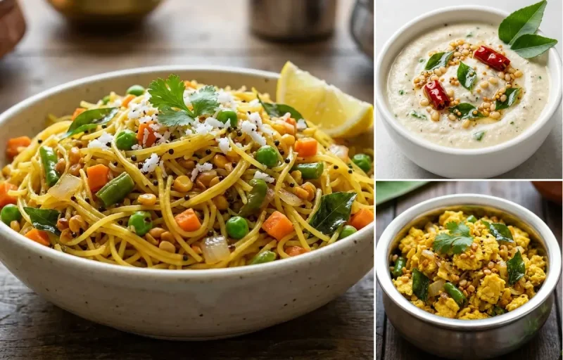 Shavige Bath with Coconut Chutney and Egg Podimas