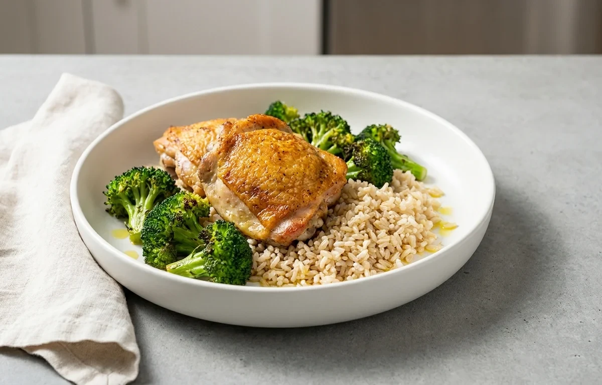 Sheet Pan Chicken Thighs with Rice and Broccoli
