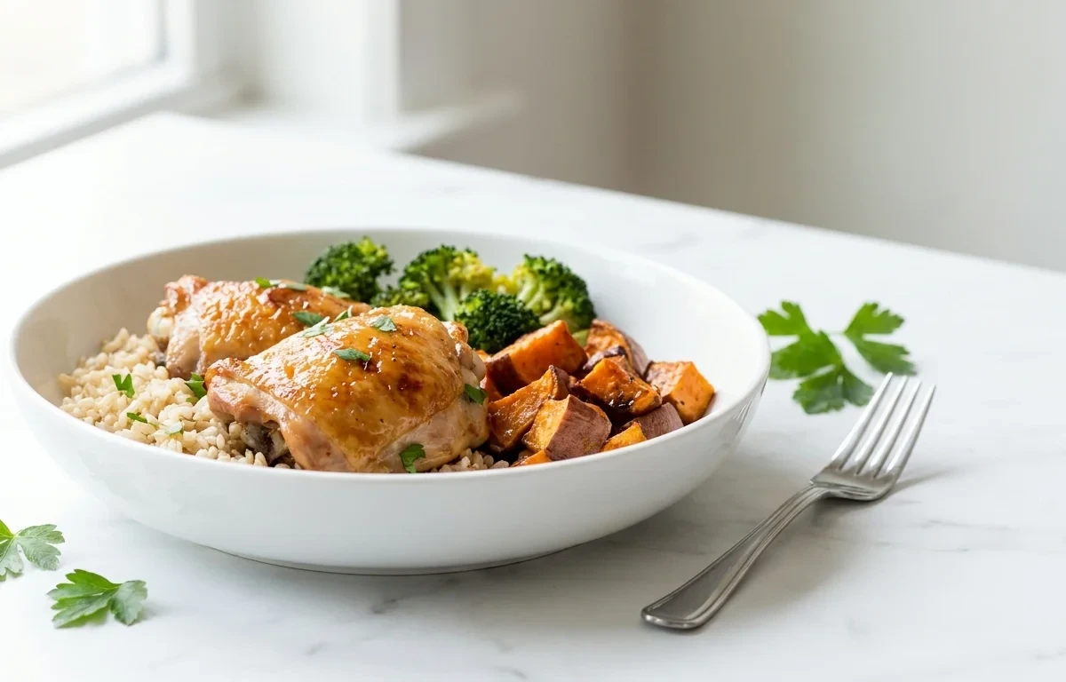 Sheet Pan Chicken Thighs with Rice Sweet Potato and Broccoli