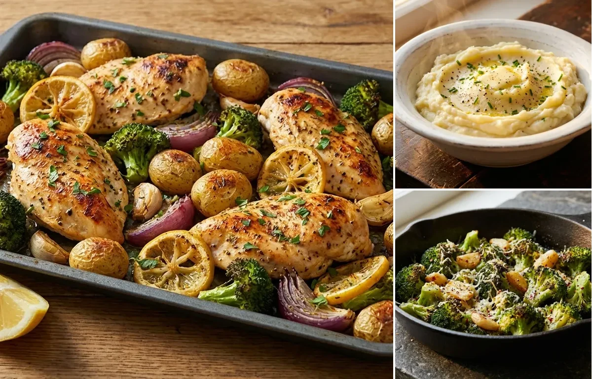 Sheet Pan Lemon Chicken with Mashed Potatoes and Roasted Broccoli with Garlic and Parmesan