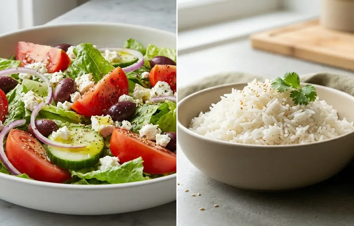 Sheet Pan Mediterranean Chicken with Greek Salad, Avocado Half and Cooked White Rice Half Cup