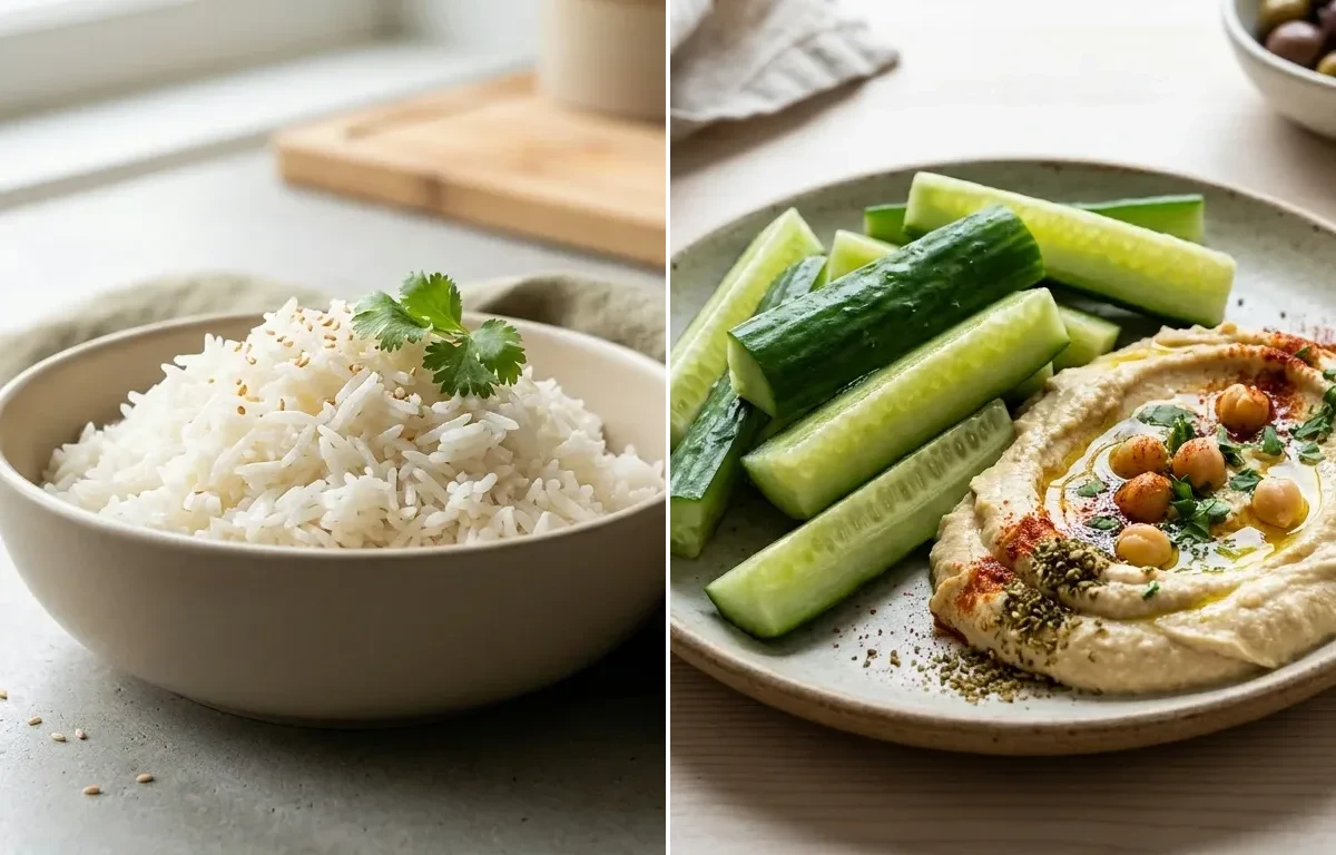 Sheet Pan Salmon And Veggies with Bell Pepper Strips, Cooked White Rice Half Cup and Cucumber Sticks Hummus