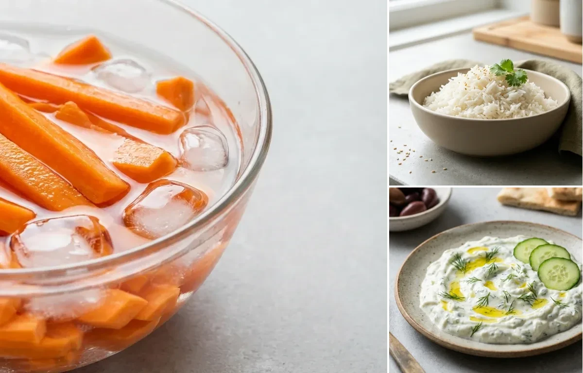 Sheet Pan Salmon And Veggies with Carrot Sticks, Cooked White Rice Half Cup and Tzatziki Sauce