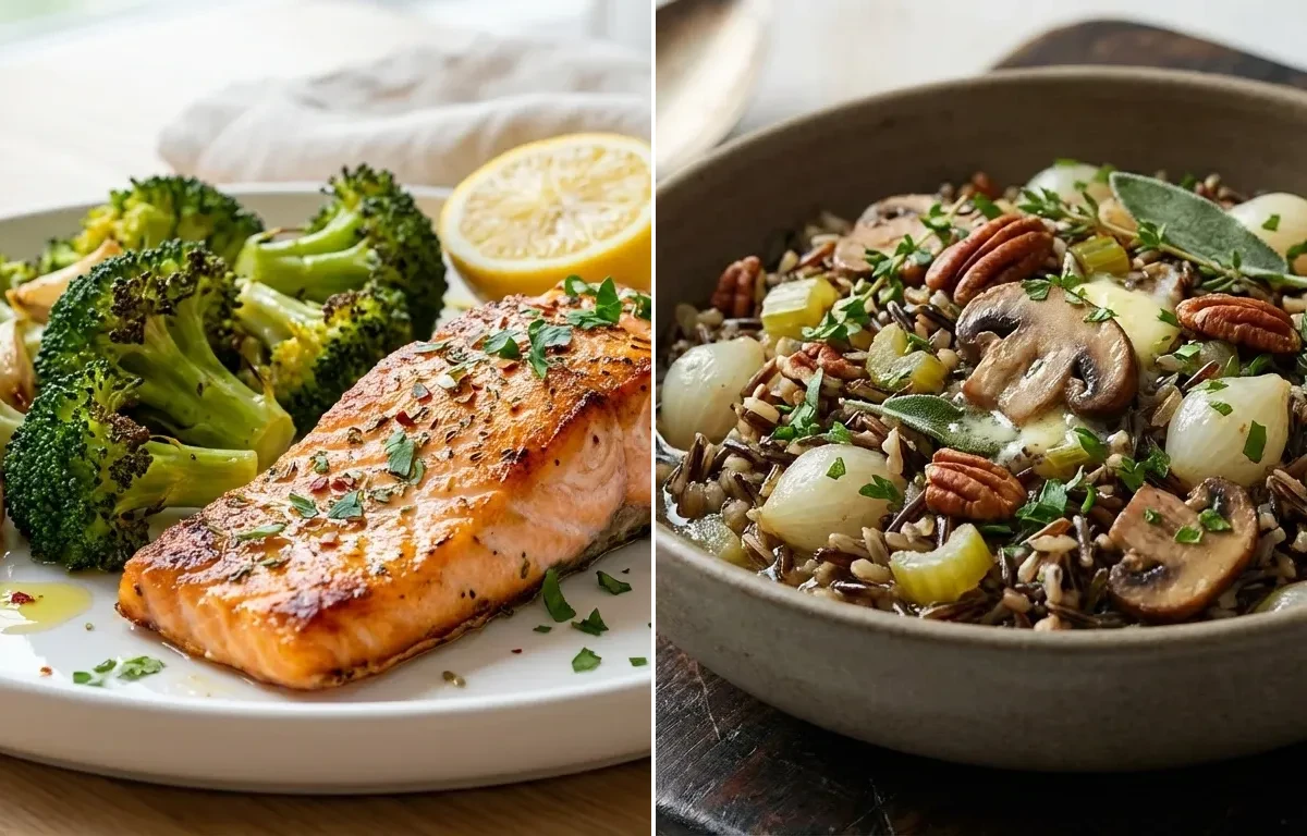 Sheet Pan Salmon with Broccoli with Herbed Wild Rice