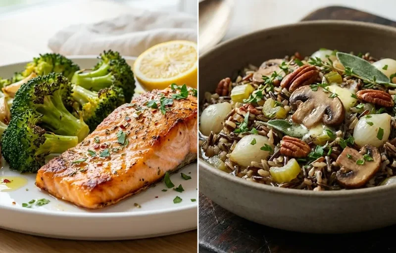 Sheet Pan Salmon with Broccoli with Herbed Wild Rice