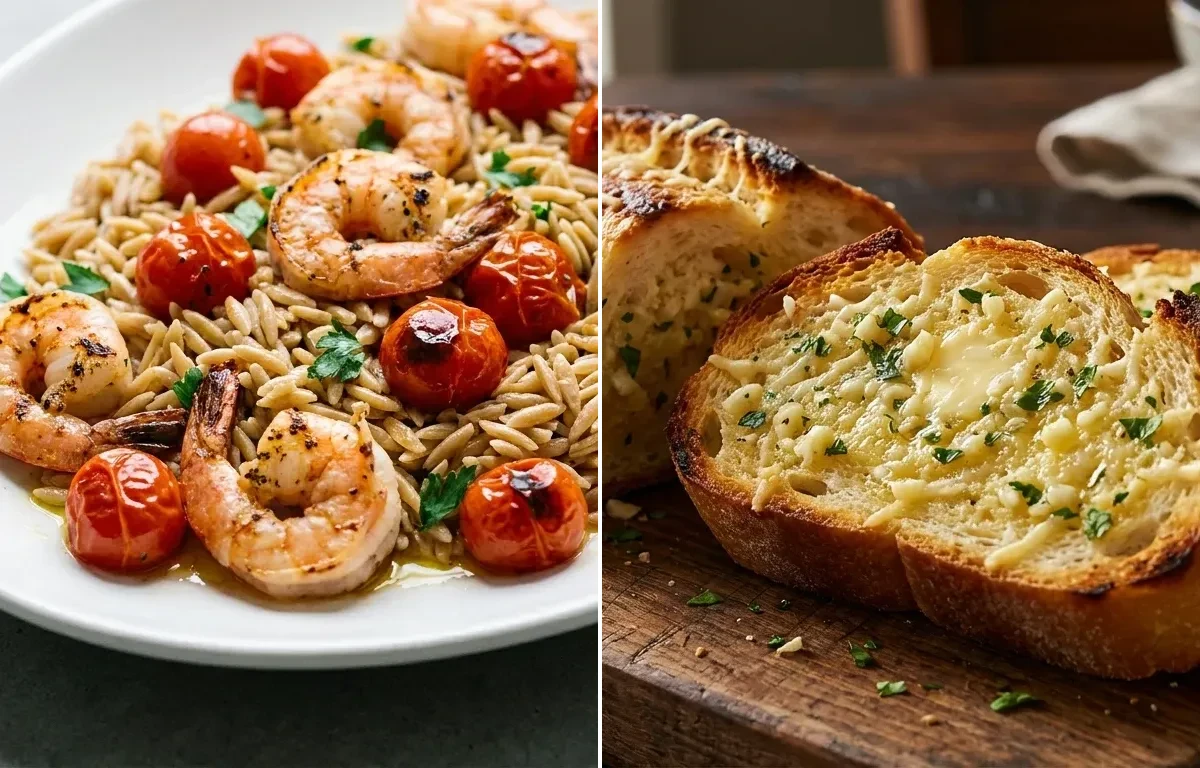 Sheet Pan Shrimp with Cherry Tomatoes Garlic and Whole Wheat Orzo