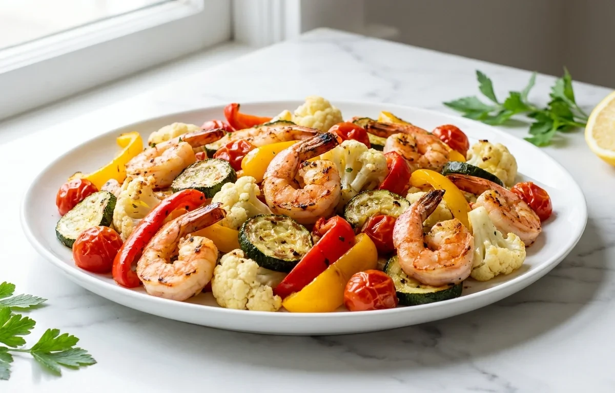 Sheet Pan Shrimp with Peppers and Zucchini over Rice Whole30