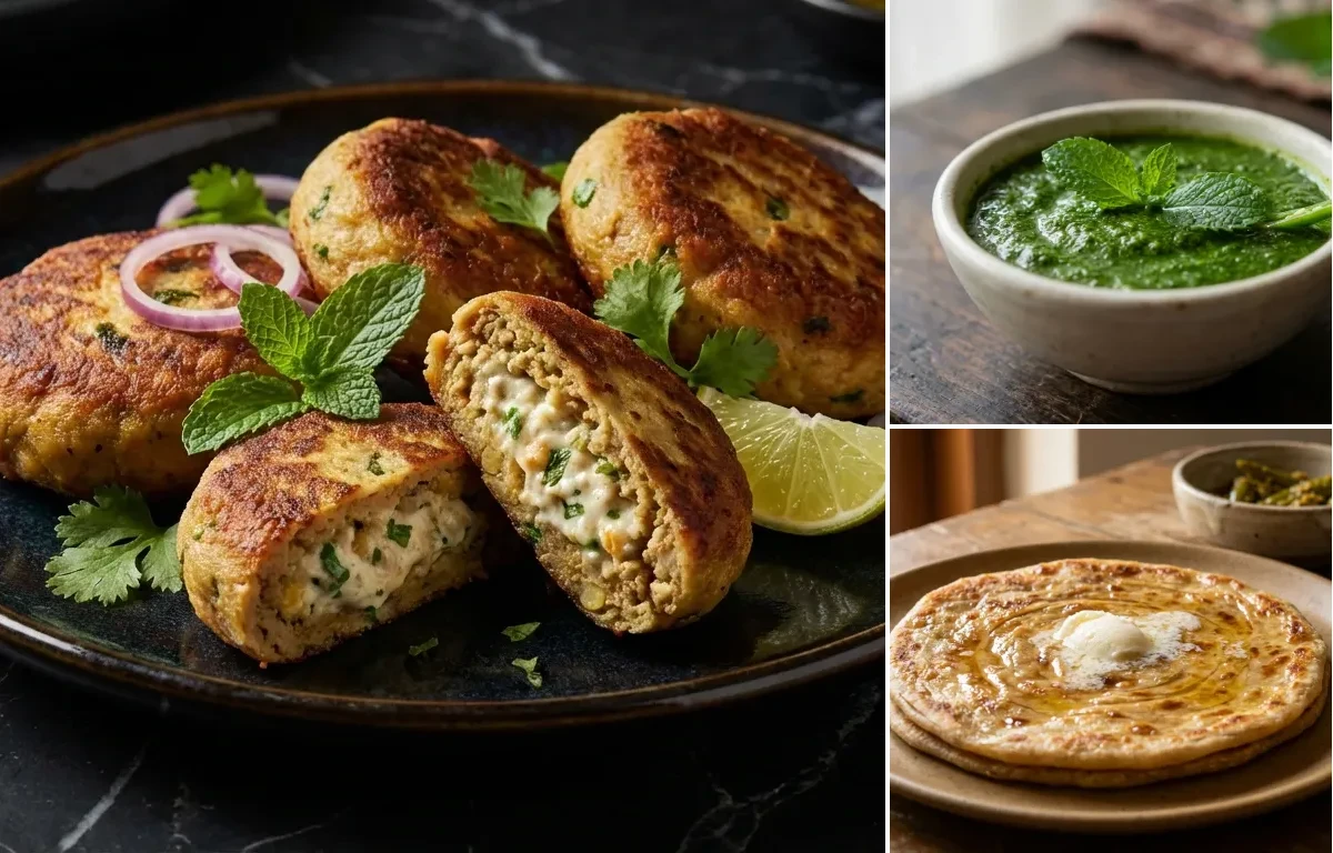Shikampuri Kebab with Mint Chutney and Paratha