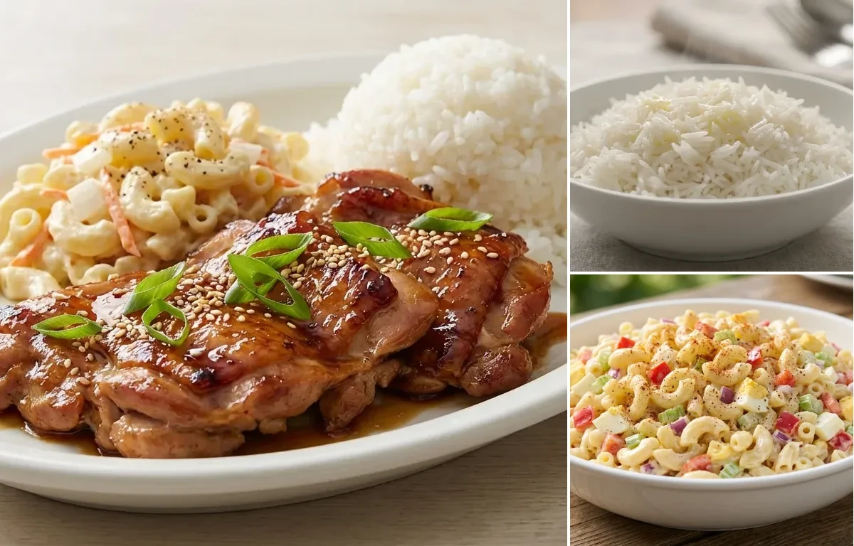 Shoyu Chicken Plate Lunch with Steamed Basmati Rice and Macaroni Salad