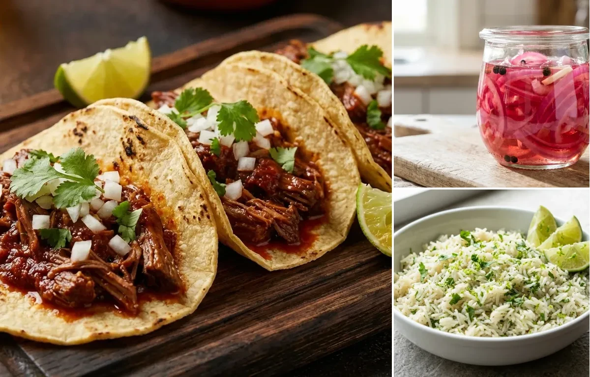 Shredded Brisket Tacos with Pickled Red Onions and Cilantro Lime Rice