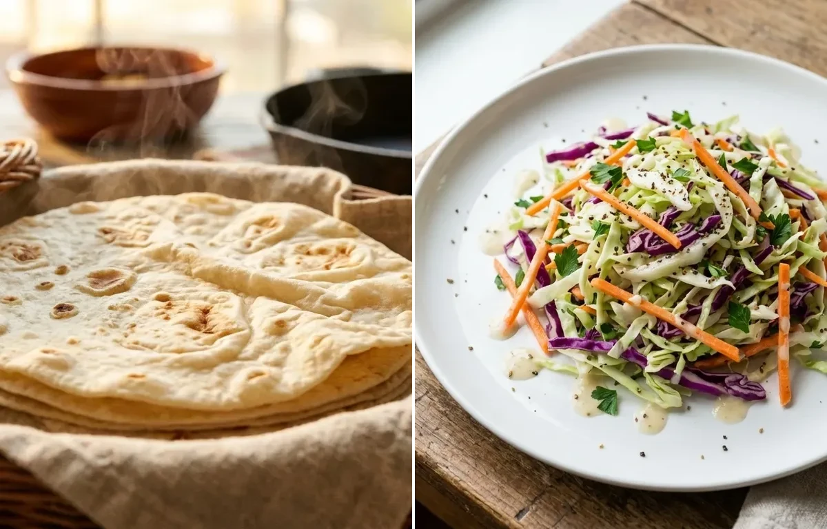 Shredded Chicken Filling with Flour Tortillas and Simple Cabbage Slaw