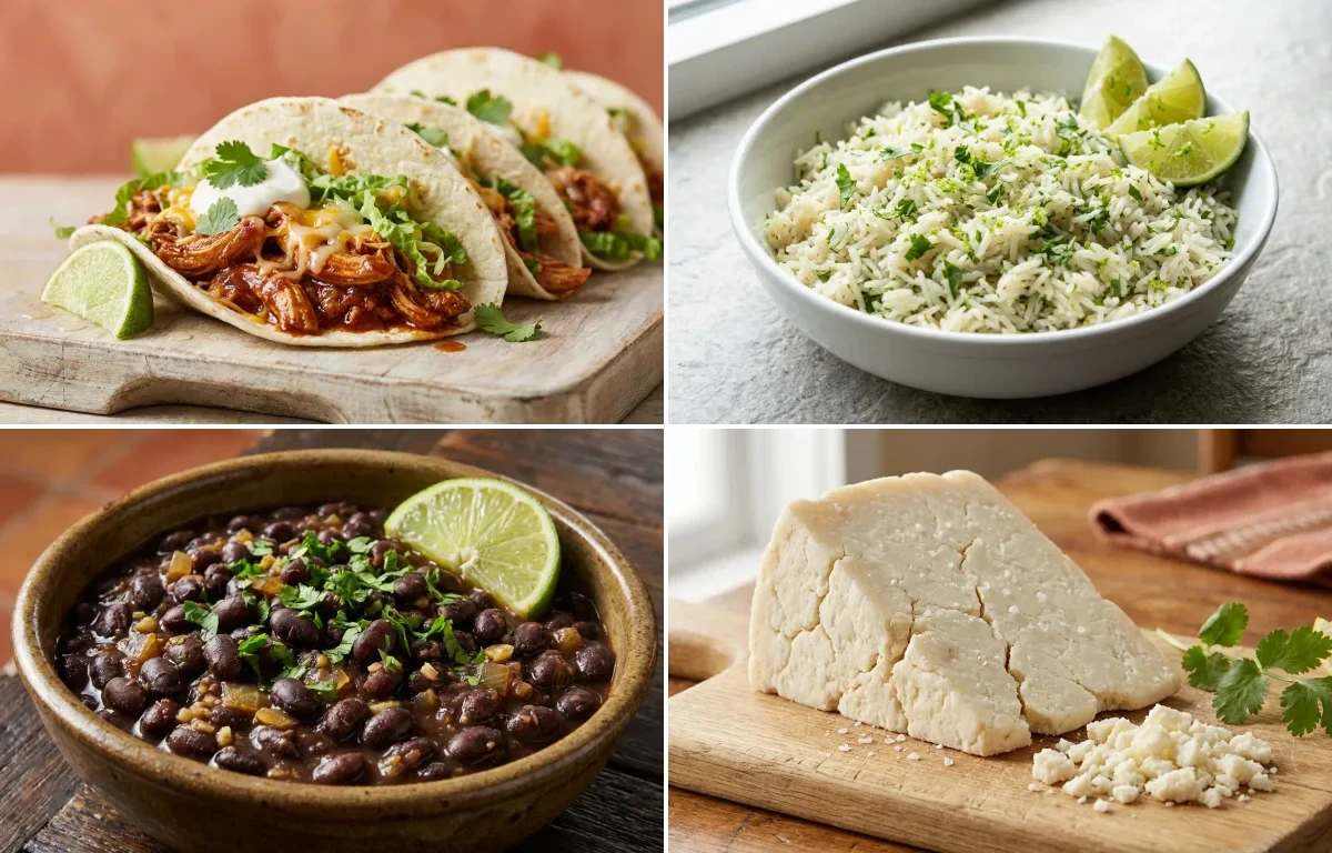 Shredded Chicken Tacos with Cilantro Lime Rice, Savory Black Beans and Cotija Cheese