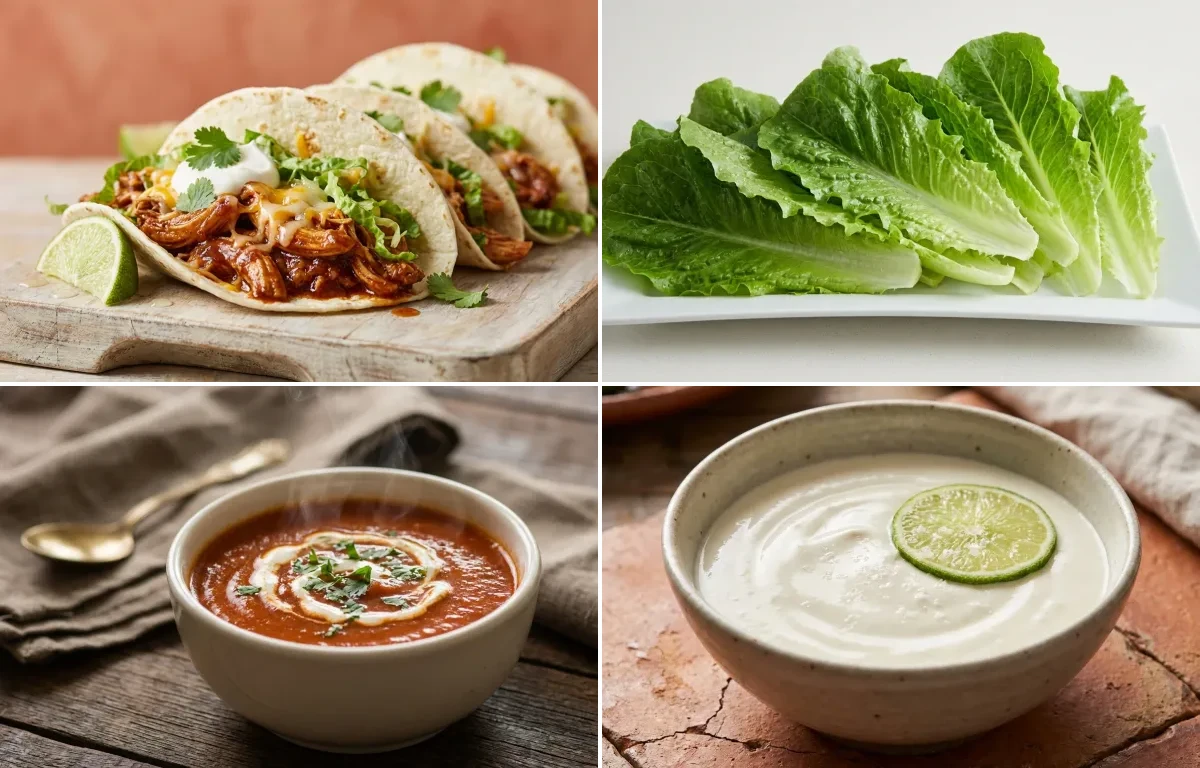 Shredded Chicken Tacos with Lettuce Leaves, Tomato Soup and Mexican Crema