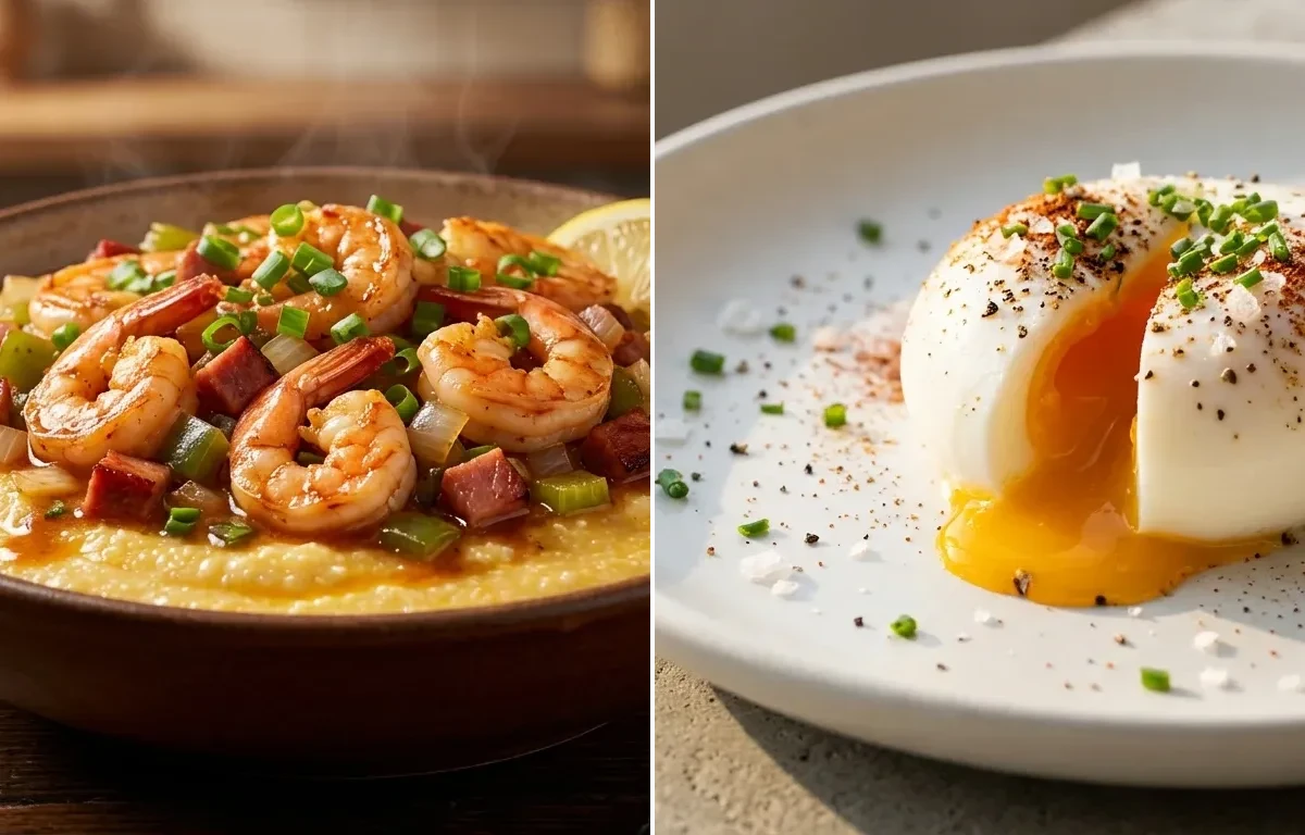 Shrimp and Tasso Grits with Poached Egg