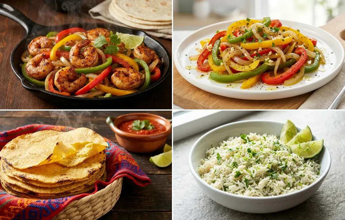 Shrimp Fajitas with Sauteed Peppers and Onions, Corn Tortillas and Cilantro Lime Rice