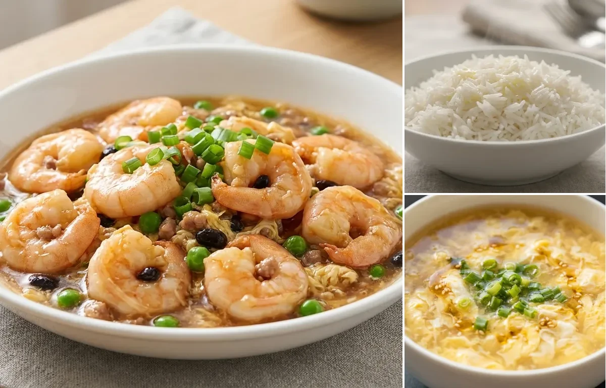 Shrimp Lobster Sauce with Steamed Basmati Rice and Egg Drop Soup