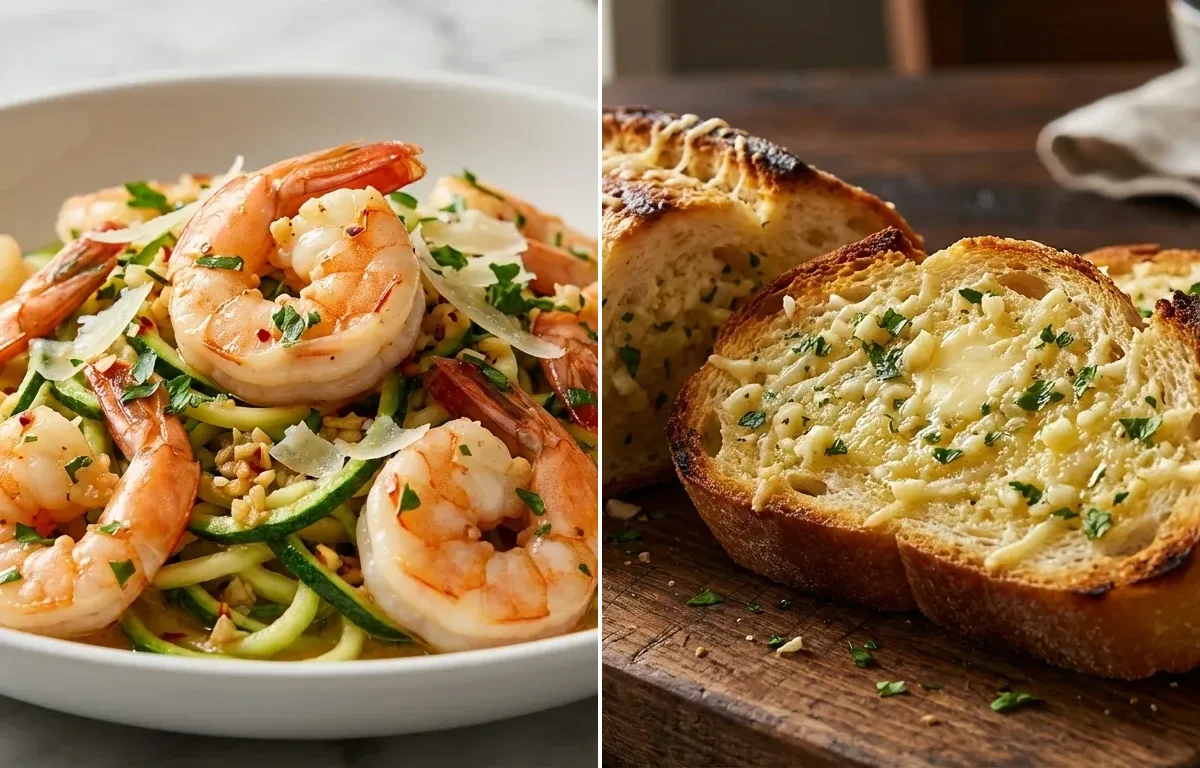 Shrimp Scampi with Zucchini Noodles with Garlic Bread