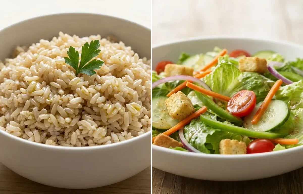 Steamed Brown Rice with Grilled Shrimp and Garden Salad