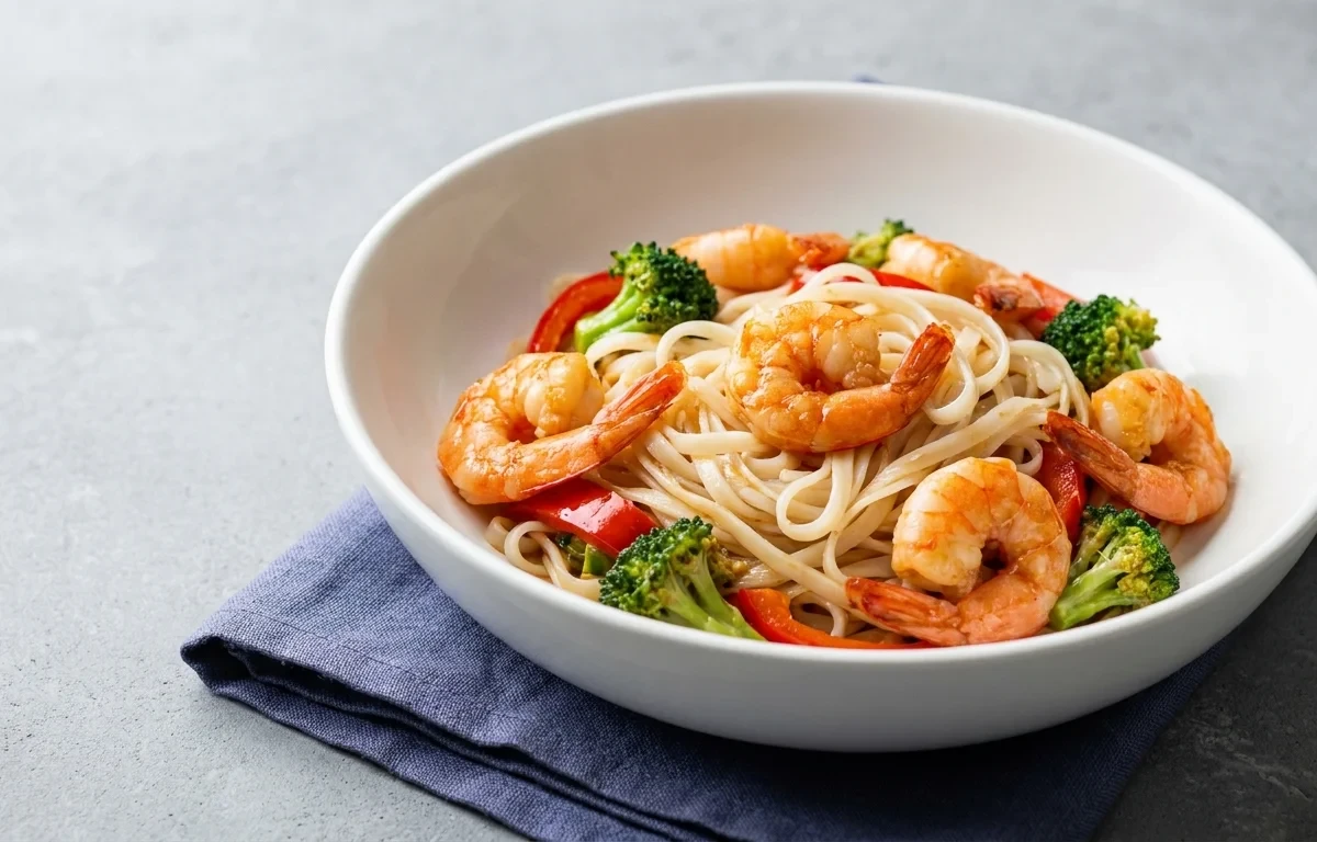 Shrimp Stir Fry over Rice Noodles with Garlic Ginger Tamari