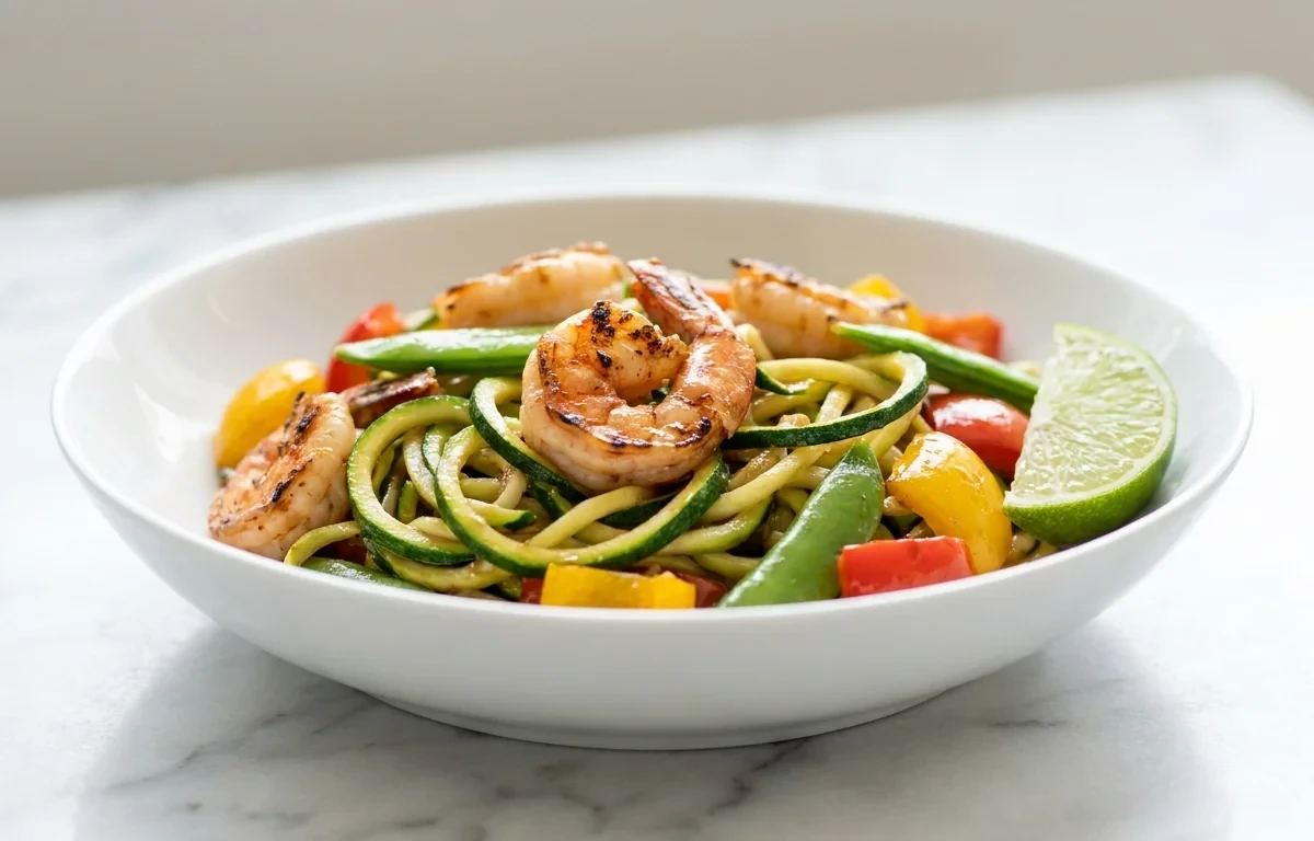 Shrimp Stir Fry over Zucchini Noodles with Snap Peas and Peppers