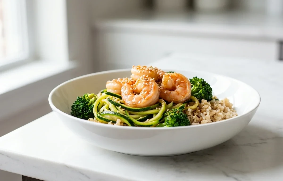 Shrimp Stir Fry with Zoodles and Small Rice Portion