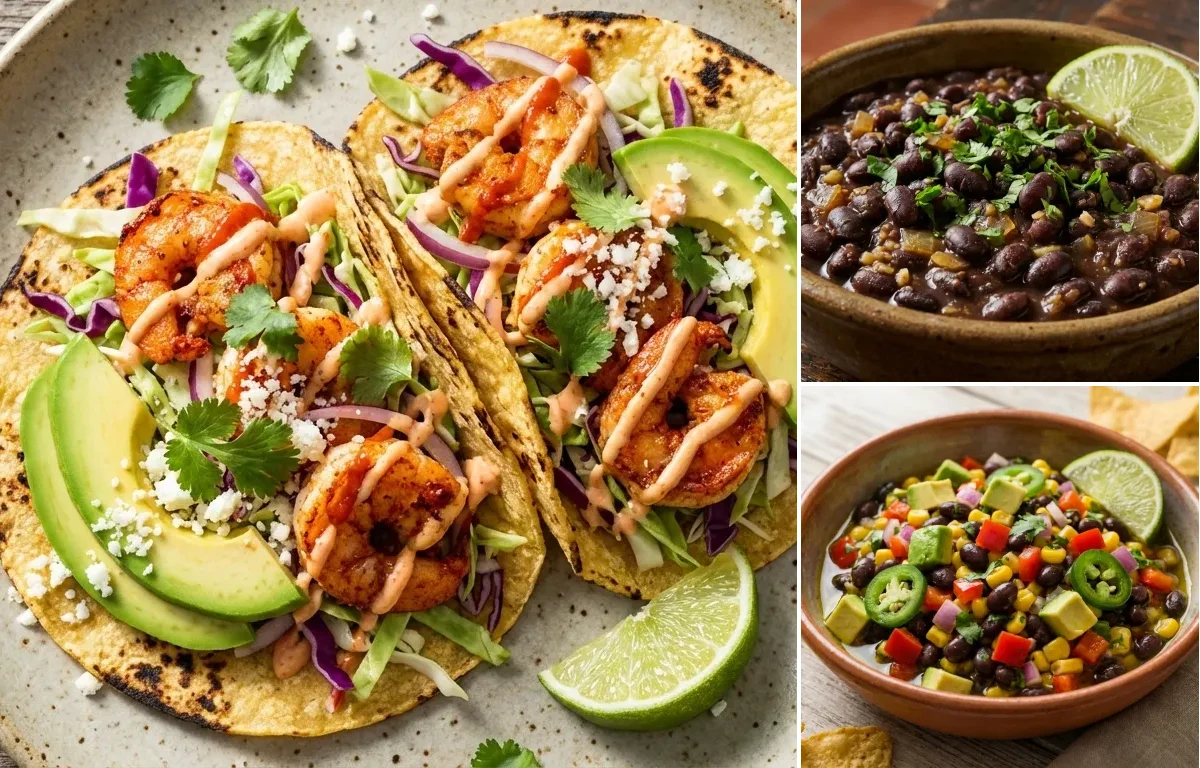 Shrimp Tacos with Savory Black Beans and Corn and Black Bean Salsa