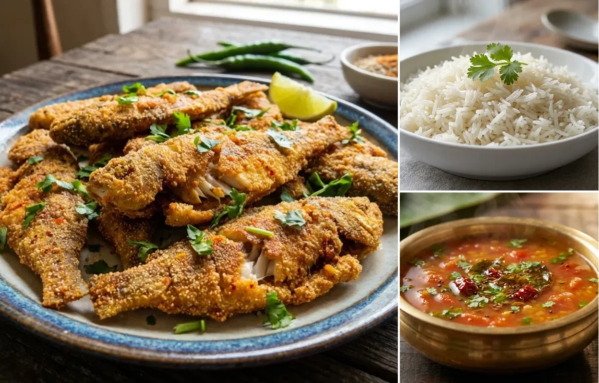 Silver Fish Rava Fry with Boiled Rice and Tomato Rasam
