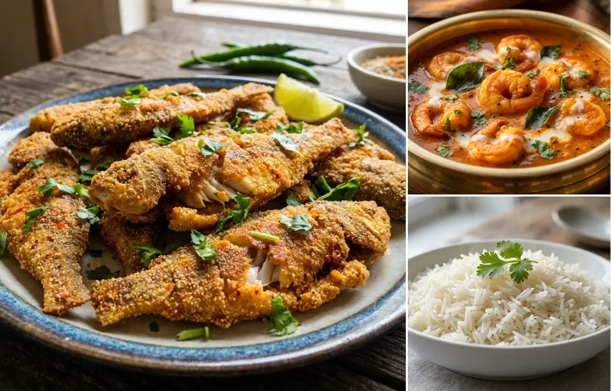 Silver Fish Rava Fry with Coconut Prawn Curry and Boiled Rice