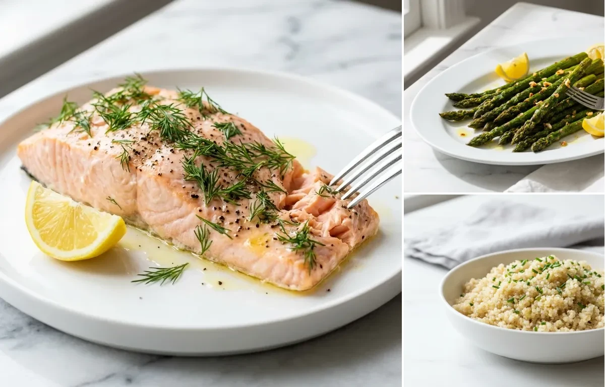 Simple Baked Salmon with Dill, Roasted Lemon Asparagus and Fluffy Quinoa