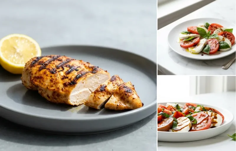 Simple Grilled Chicken Breast, Classic Caprese Salad and Balsamic Glaze Drizzle