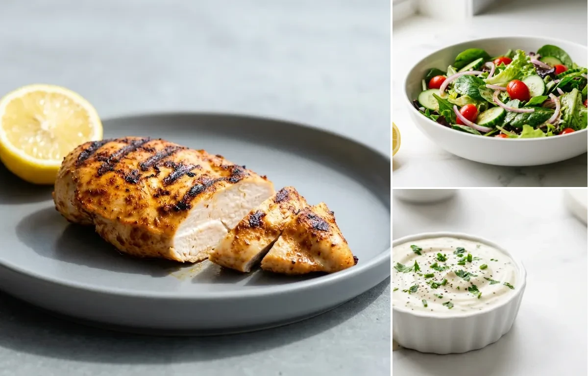 Simple Grilled Chicken Breast, Mixed Greens Salad with Cucumber and Tomato and Keto Ranch Dressing