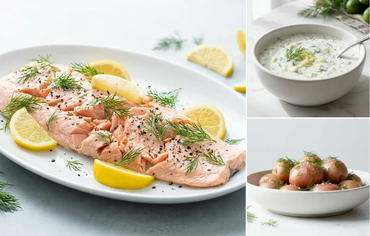 Simple Poached Salmon, Cucumber Dill Yogurt Sauce and Boiled New Potatoes