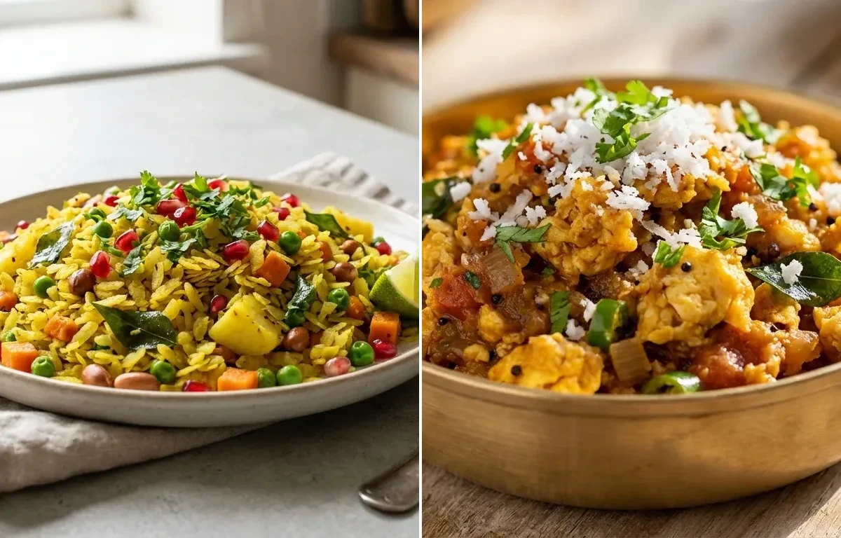 Simple Vegetable Poha with Masala Scrambled Eggs