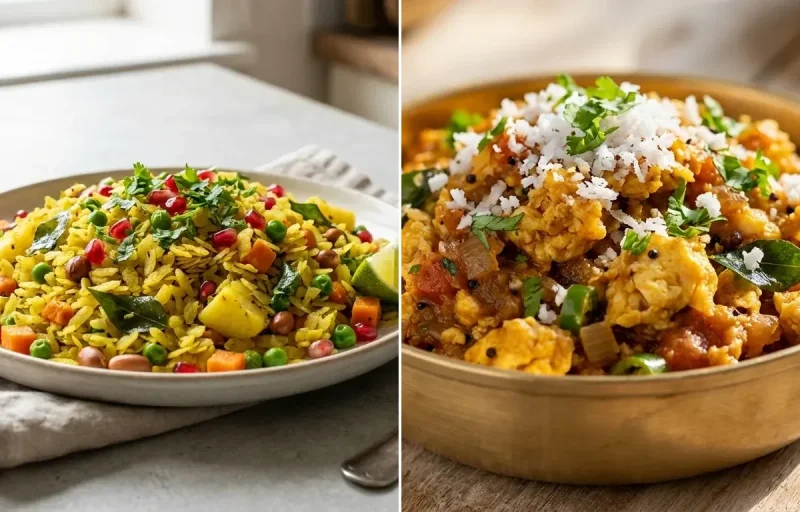 Simple Vegetable Poha with Masala Scrambled Eggs