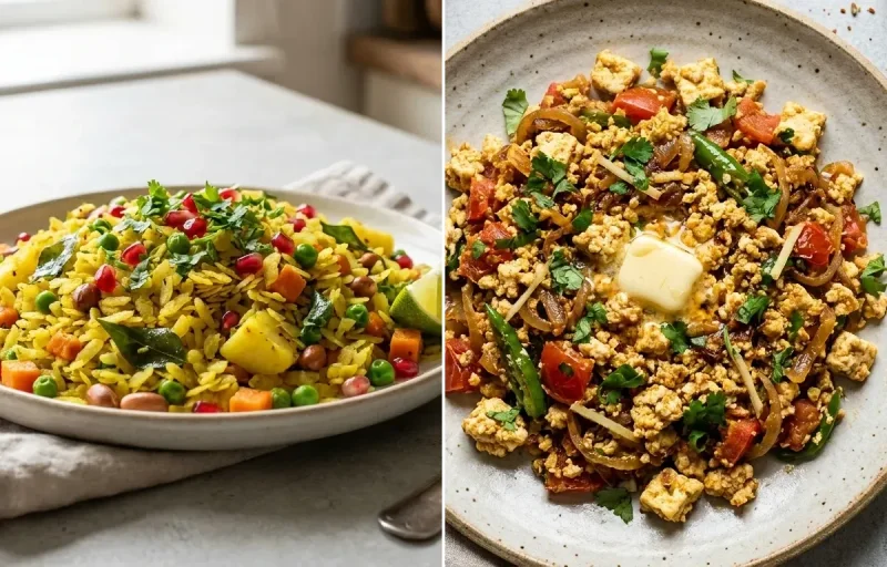 Simple Vegetable Poha with Paneer Bhurji