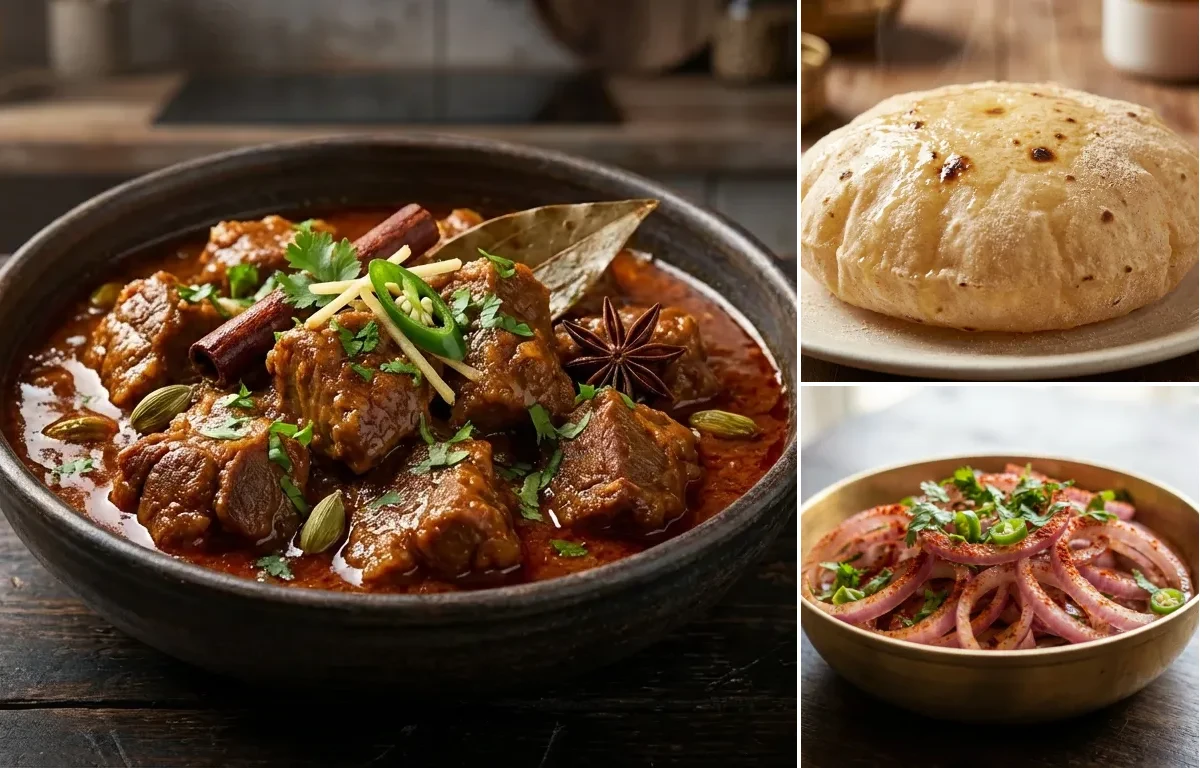 Sindhi Bhugal Gosht with Phulka and Onion Salad
