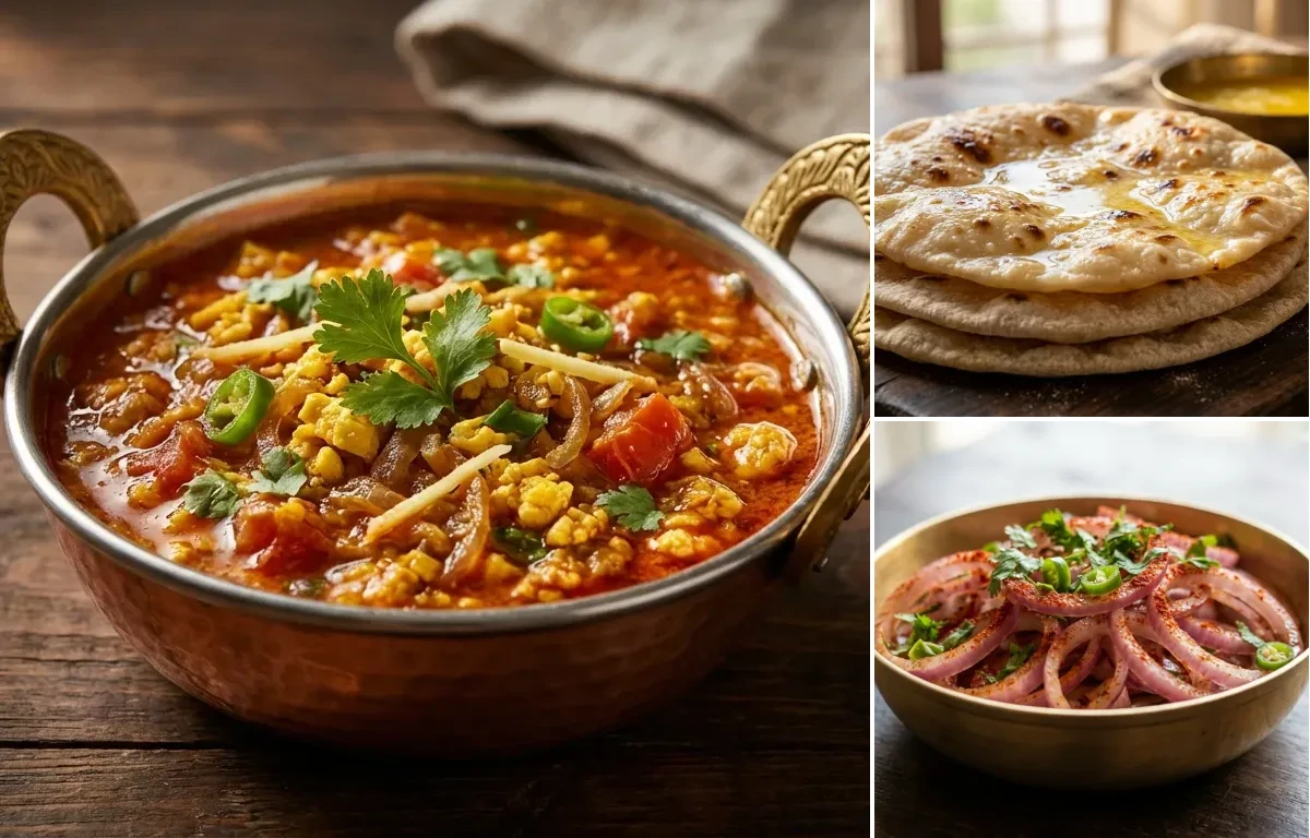 Sindhi Egg Keema with Chapati and Onion Salad