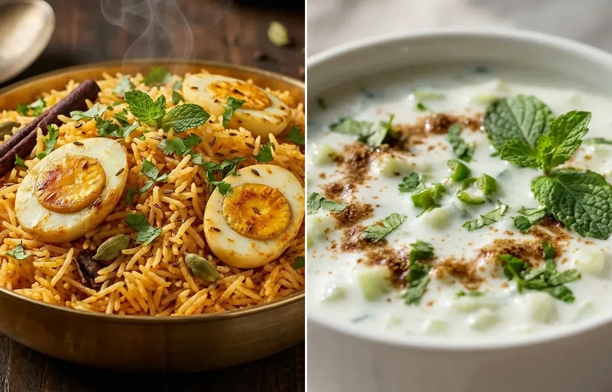 Sindhi Egg Pulao with Cucumber Raita