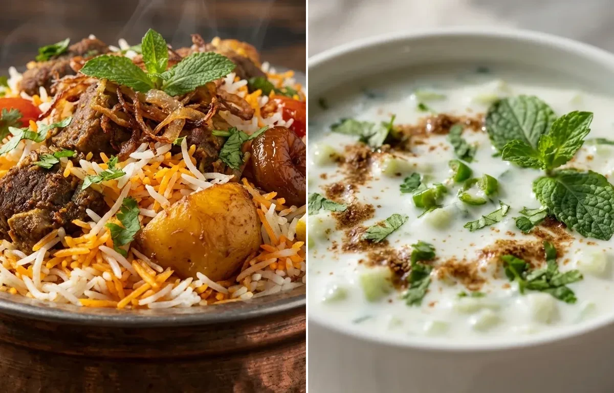 Sindhi Mutton Biryani with Cucumber Raita