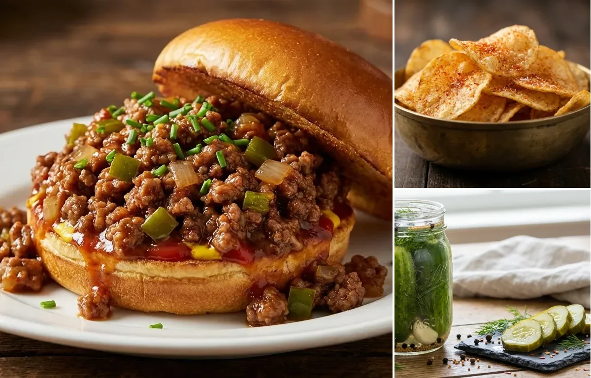 Sloppy Joes with Potato Chips and Dill Pickles