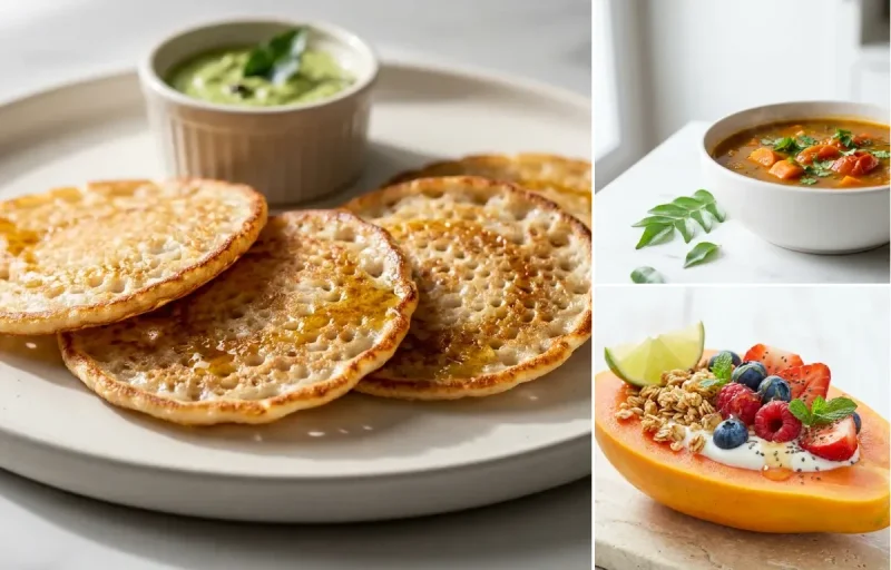 Small Dosa with Mild Sambhar with Coconut Chutney with Papaya Boat